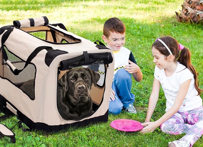 2PET Foldable Dog Crate - Soft, Easy to Fold & Carry Dog Crate for Indoor & Outdoor Use - Comfy Dog Home & Dog Travel Crate - Strong Steel Frame, Washable Fabric Cover - XXLarge, Biscuit Beige