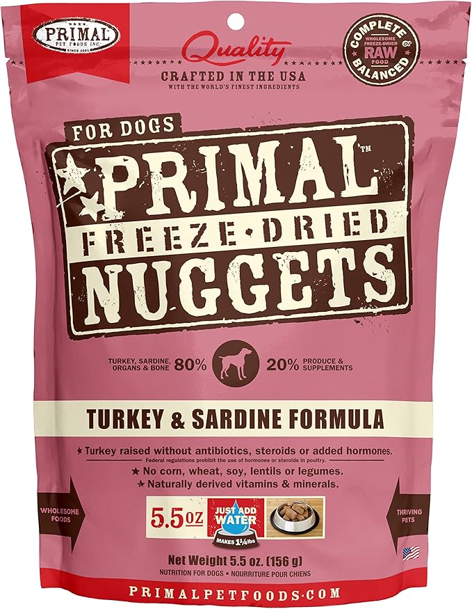 Primal Freeze Dried Dog Food Nuggets, Turkey & Sardine; Complete & Balanced Meal; Also Use as Topper or Treat; Premium, Healthy, Grain Free, High Protein Raw Dog Food, 5.5 oz