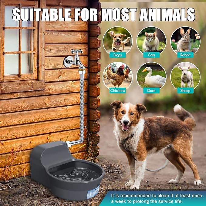 Automatic Water Bowl for Dogs, Patented 2L Dog Water Bowl Dispenser, Automatic Dog Waterer Fit 3/4'' GHT Faucet, Fit Water Pipe, Copper Connector Outdoor Dog Water Bowl for Chicken Livestock Animal
