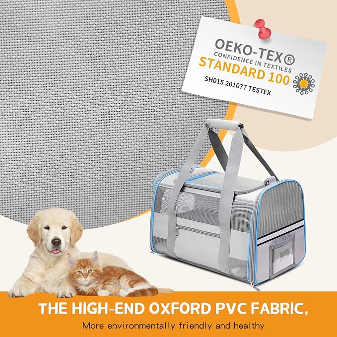 Cat Carrier Dog Carrier Pet Carrier Airline Approved for Small Dogs Medium Cats Puppies Under 15 lbs, Collapsible Soft Sided Dog Travel Carriers for Puppy and Kitten, Light Grey