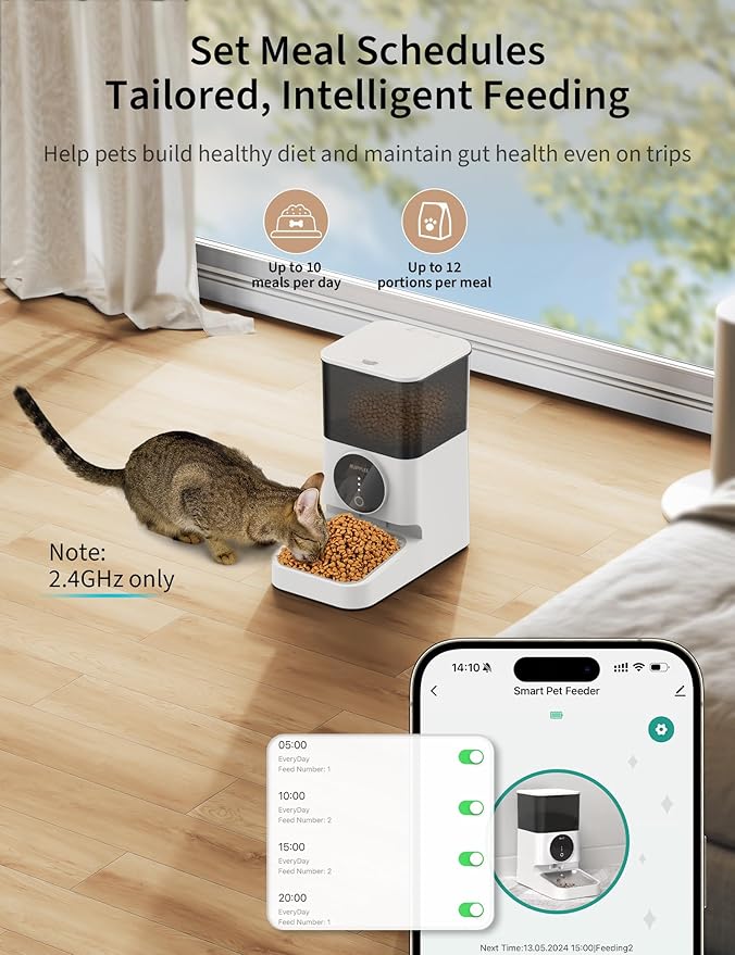 Automatic Cat Feeder, 4L Large Capacity Auto Pet Feeder Dry Food Dispenser for Pet Timed Dog Food Feeder, Stainless Steel Food Bowl/Dual Power/Anti-Blockage Cat Dog Feeder Indoor Outdoor (White)
