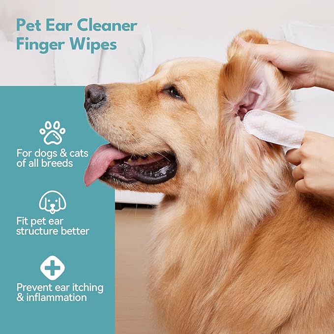 Natural Ear Wipes Finger for Dogs & Cats Comfy Finger Design | Clean Ear Wax, Debris & Dirt Gently | 50 Count Pack