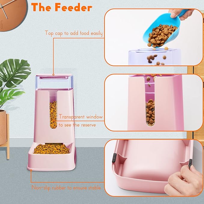 Automatic Cat Feeder and Dog Water Dispenser Set, 1 Gallon Capacity, Plastic, Pink, Suitable for Small to Big Pets