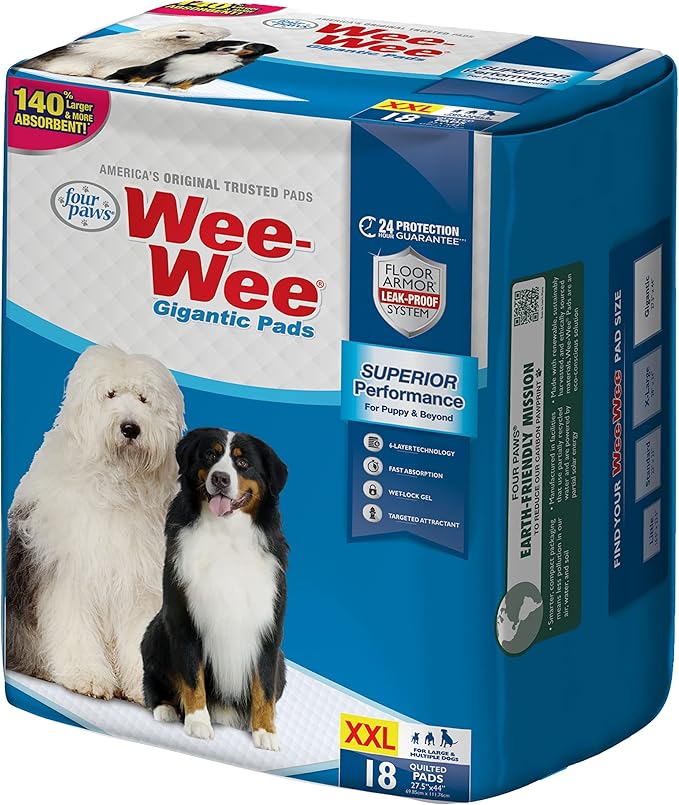 Four Paws Wee-Wee Superior Performance Gigantic Pee Pads for Extra Large Dogs, Leak-Proof Floor Protection Dog & Puppy Quilted Potty Training Pads, Unscented, 27.5" x 44" (36 Count)