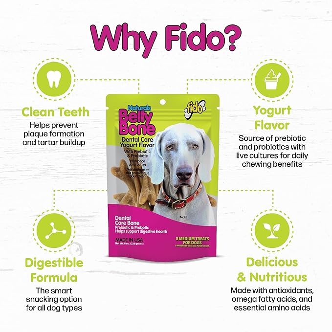 Belly Bones for Dogs, 8 Yogurt Flavor Medium Dog Dental Treats (Made in USA) - 8 Count Dog Treats for Medium Dogs - Plaque and Tartar Control for Fresh Breath, Digestive Health Support