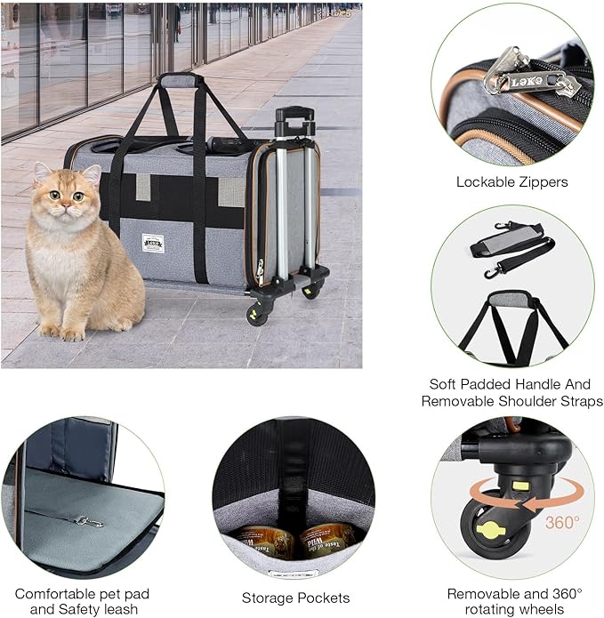 Lekereise Cat Dog Carrier with Wheels for 2 Cats, Expandable Double Cat Carrier with Wheels, Large Rolling Pet Carrier for 1 Large Cat/Dog or 2 Medium Cats, Wheeled Pet Carrier with Telescopic Handle