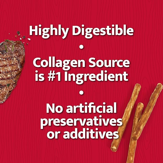 Beef Collagen Sticks for Dogs, Dog Chews Long Lasting, Rawhide Free - 15 Pack High Protein Chew Dog Treats for Small, Medium, and Large Dogs