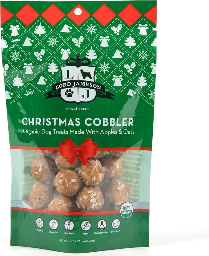 Christmas Cobbler 6 oz - Dog Patisserie Treats, Holiday Collection, Organic, Soft & Chewy No-Bake Superfood Bites, Preservative Free
