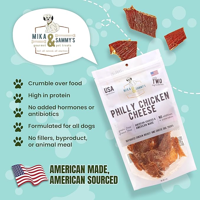 Gourmet Jerky Dog Treats - Natural Dog Treat Chicken Jerky for Dogs, Nutritious and Tasty Dog Jerky Treats Made in USA only, Cage-Free Chicken, No Additives(Mika & Sammy's Chicken Cheese 5 Oz)