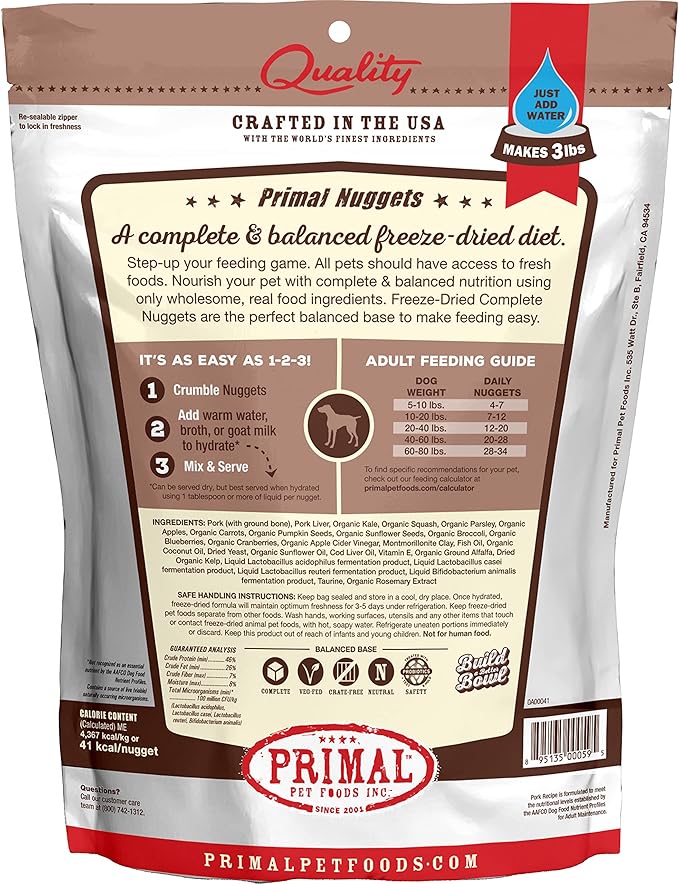 Primal Freeze Dried Dog Food Nuggets, Pork; Complete & Balanced Meal; Also Use as Topper or Treat; Premium, Healthy, Grain Free, High Protein Raw Dog Food, 14 oz