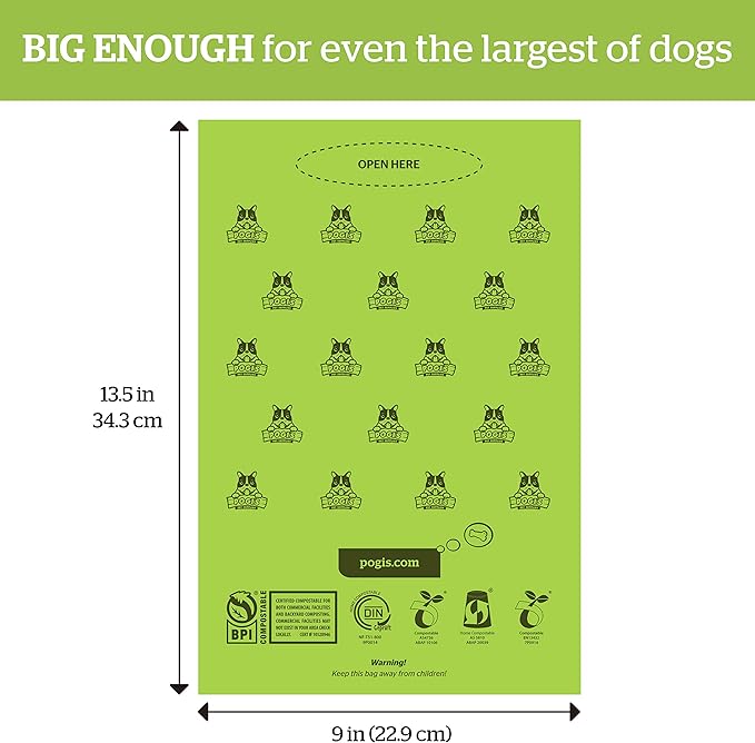 Pogi's Compostable Dog Poop Bags - 18 Rolls (270 Doggie Poop Bags) - Leak-Proof Dog Waste Bags, Plant-based ASTM D6400, EN 13432 Certified Extra Large Poop Bags for Dogs