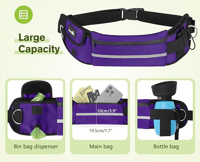 Pecute Hands Free Dog Leash with Pouch, Waist Belt Fanny Pack with Soft Pads, Dual Padded Handles, and Durable Bungee for Walking, Hiking, Jogging Biking, and Running (Up to 220lbs) Purple
