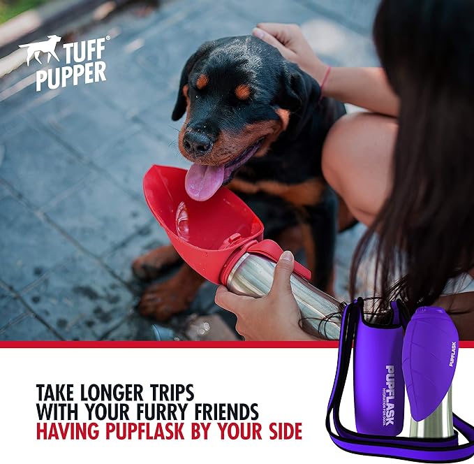 Tuff Pupper PupFlask Insulated Neoprene Dog Water Bottle Holder Sling with Wide Adjustable Shoulder Strap, Great for Travel, Walking, Hiking, Portable Pet Water Bottle Holder (40 OZ, Ultra Violet)
