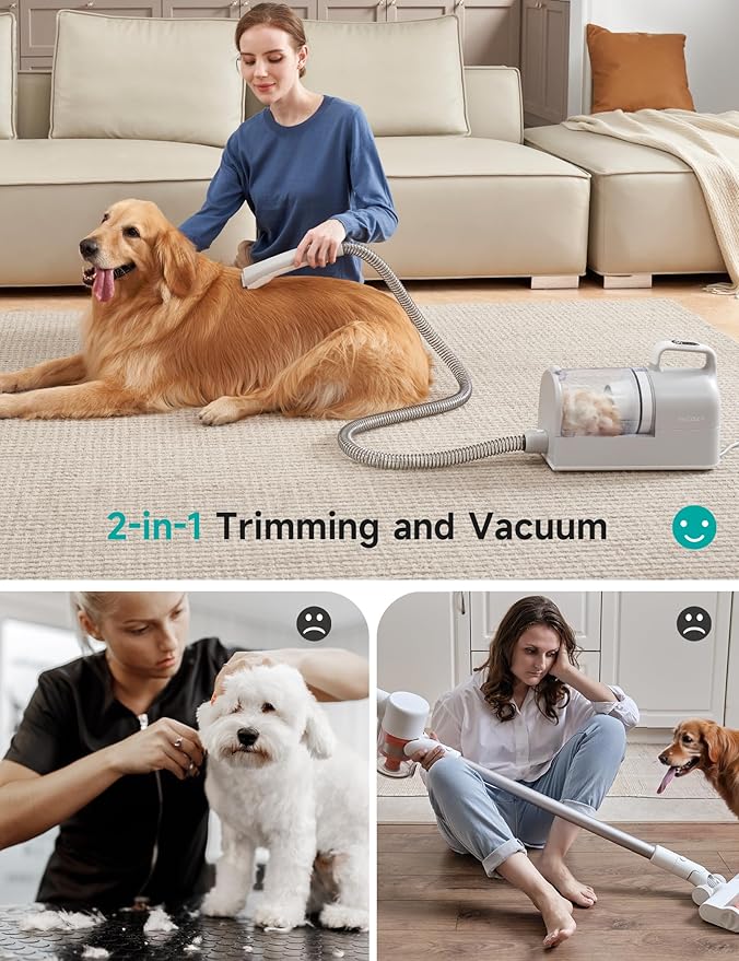 Hicozy S1+ Dog Grooming Kits, Minimum 50dB Pet Friendly Vacuum Machine, 12Kpa/120V Pet Grooming Vacuum for Dogs with 2L Dust Cup, 6 Professional Pet Grooming Kit for Dogs Cats, Gray