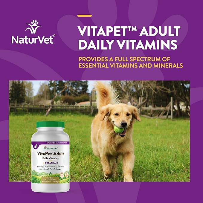 NaturVet VitaPet Adult Daily Vitamins for Dogs With Breath Aid – Includes Full Spectrum of Vitamins, Minerals, Omega-6 Fatty Acids, Parsley – Designed for Dogs Over 1 Year – 60 Ct.