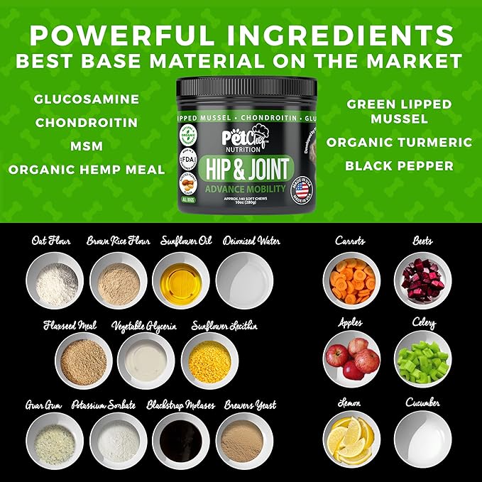Pet Chef Advanced Dog Hip & Joint Supplement Treat - Glucosamine, Chondroitin & Turmeric MSM Breeds-Reduce Pain, Inflammation & Arthritis. Super Dog Hip & Joint Treat. Renews All Dogs.
