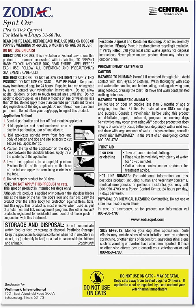 Zodiac Spot On Flea & Tick Control Medium Dogs 31-60 Pounds 4 Pack