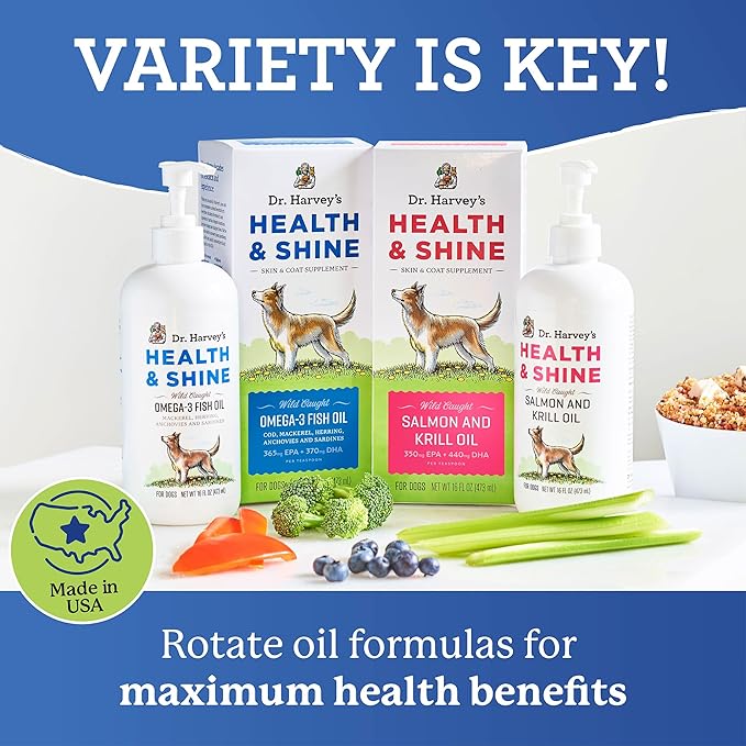 Dr. Harvey’s Health & Shine Omega 3 Fish Oil for Dogs from Wild Caught Cod, Mackerel, Herring, Anchovies and Sardines - Supports Beautiful Fur, Strong Joints and Itchy Allergy Relief (16 FL OZ)