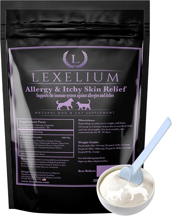 Allergy & Itch Relief Powder Supplement for Dogs & Cats - Fortified w/ Omega-3 Fish Oil | Long-term relief for Shedding, Skin & Itch, Seasonal Allergies, Hotspots - Bolsters the immune system- 200G