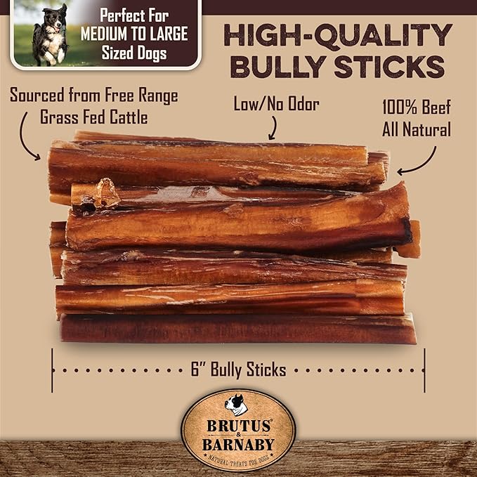 BRUTUS & BARNABY Grass Fed Bully Sticks for Dogs, Fully Digestible Dog chew, Grain Free, Rawhide Free, 100% Natural Beef, Small Batched for Freshness and Low Odor