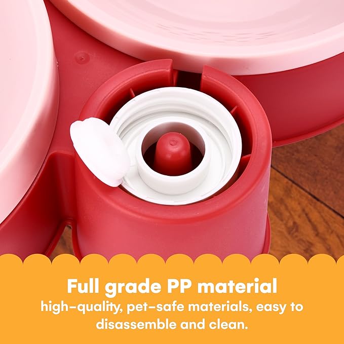 Noa Store Pet Food and Water Dispenser - 2 Removable Bowls - Gravity-Fed Drinking System for Cats and Dogs - 12x7x8 inches - Easy-to-Clean Feeder - Continuous Water Flow - Cat Feeding Station - Pink