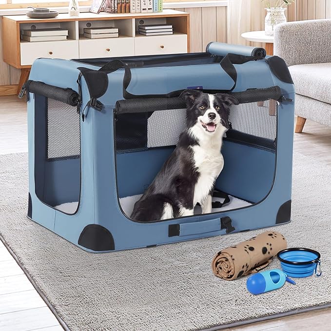 Portable Dog Crate, Collapsible Dog Travel Crate 32x23x23 with Soft Blanket Foldable Bowl and a Poop Bag with Dispenser for Medium & Large Dogs