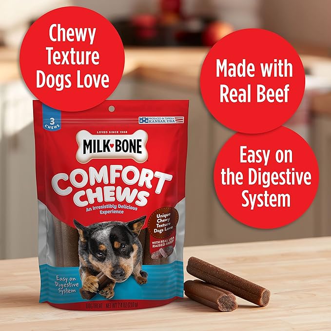Milk-Bone Comfort Chews, Rawhide Free Dog Treats with Unique Chewy Texture and Real Beef, 16 Chews, Easy on Digestive System