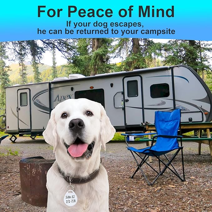 Dog Camping Gear (10pk) Blank Dog ID Tags, Emergency Double Sided Dog Tags with Key Ring, Prevent Lost Dogs During Travel or RV Camping, Camping Dog Accessories, Water-Resistant Pet Tag