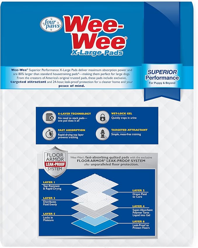 Four Paws Wee-Wee Superior Performance XL Pee Pads for Extra Large Dogs, Leak-Proof Floor Protection Dog & Puppy Quilted Potty Training Pads, Unscented, 28" x 34" (14 Count)