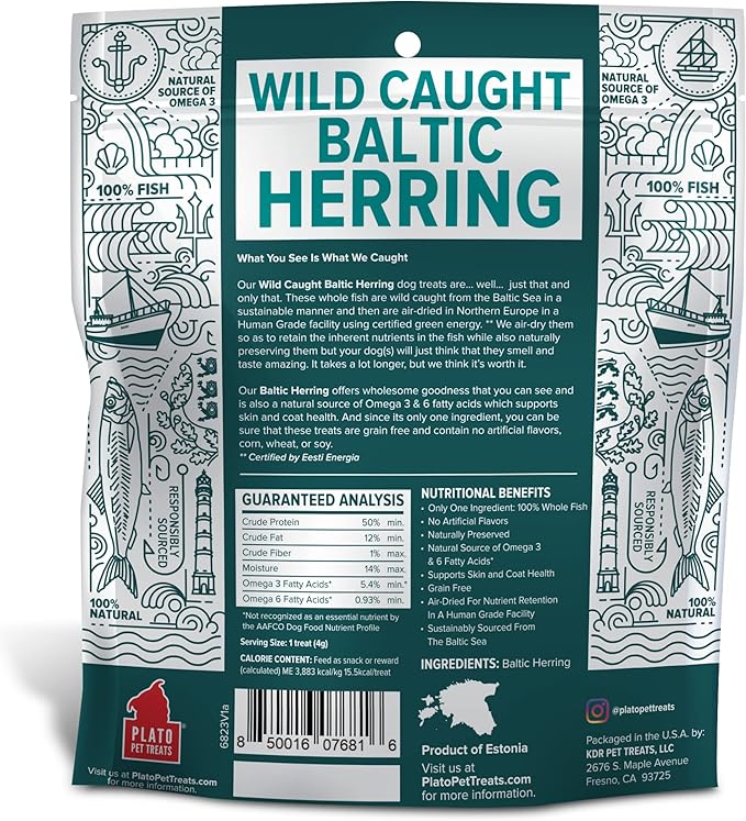 PLATO Pet Treats Air Dried Dog Treats Baltic Herring Dog Treat, Real Fish, Grain-Free, Baltic Herring, All Natural, Single Ingredient Fish, 3oz