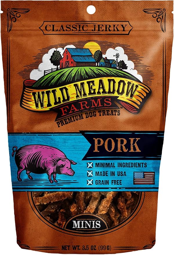 Wild Meadow Farms - Classic Pork Minis, Soft Jerky Training Treats for Dogs, Grain-Free, All-Natural & Perfectly Sized for Training, High-Value Rewards in a Convenient 3.5 Ounce Pouch
