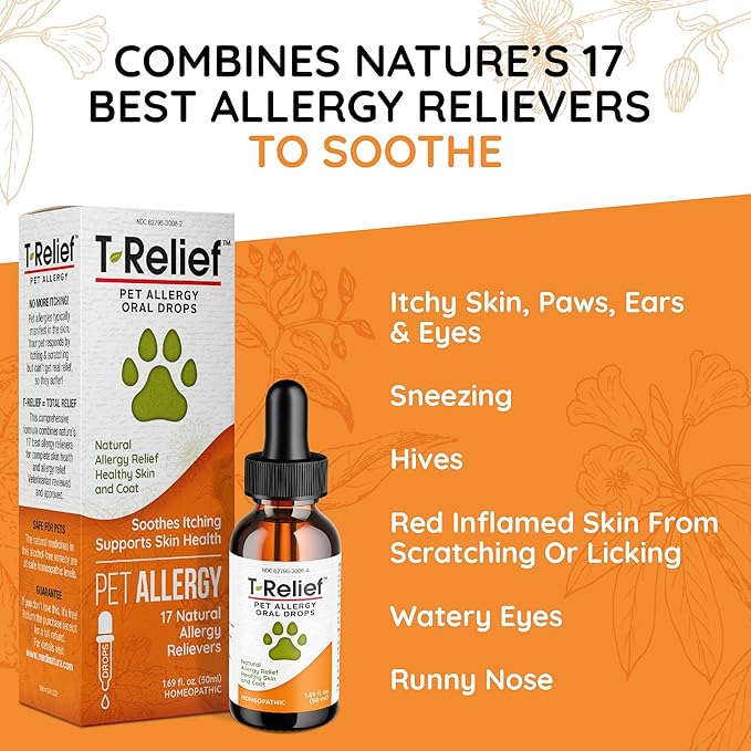 T-Relief Pet Allergy Support Drops for Dogs & Cats Itchy Relief Supports Healthy Skin & Coat Natural Medicine Helps Soothe Hot Spot Itching Paws Licking Runny Nose Sneezing Watery Eyes - 1.69 Fl oz