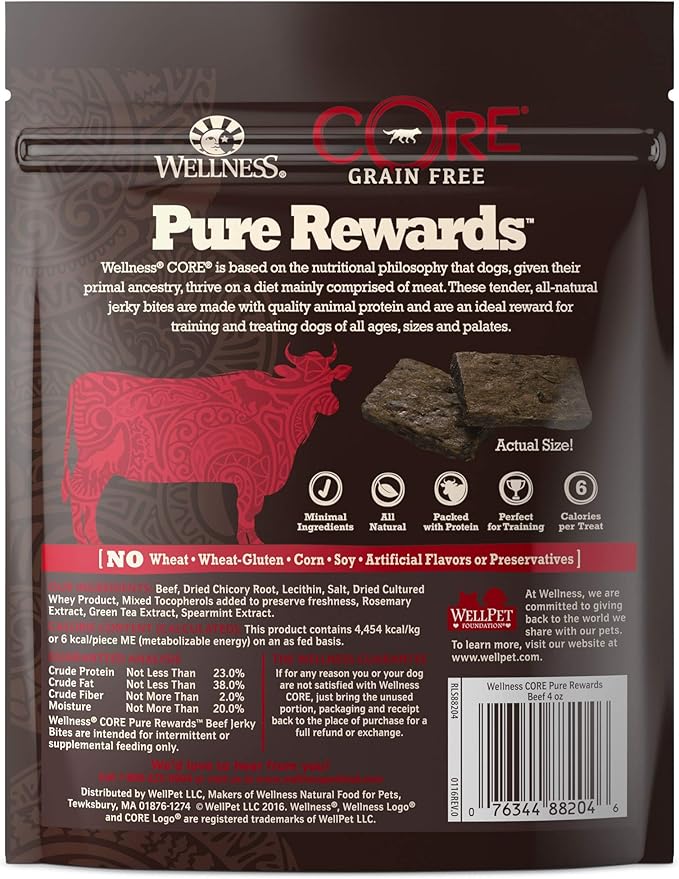 WELLNESS CORE Pure Rewards Natural Grain Free Dog Treats, Soft Jerky Bites, 4-Ounce Bag (Beef Jerky, (3 Pack) 4-Ounce Bag)