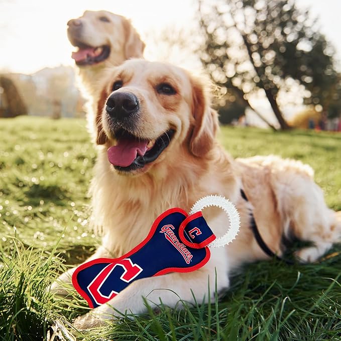 MLB Cleveland Guardians Bone Shaped Dental Dog TUG Toy with Squeaker. Tough PET Toy for Healthy Fun, Teething, and Cleaning pet's Teeth and Gum.