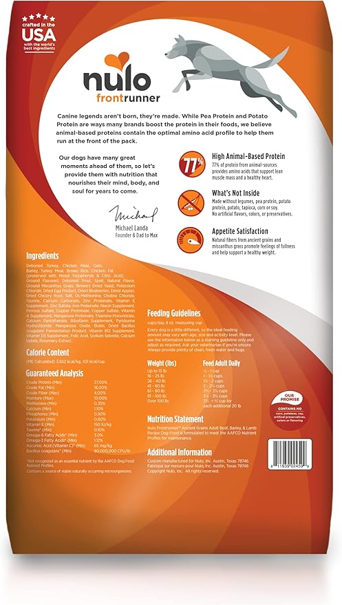 Nulo Frontrunner All Breed Adult Dry Dog Food, Premium All Natural Dog Kibble, Made with Ancient Grains Promote Fullness with Healthy Digestive Aid BC30 Probiotic & Antioxidants for Immune Health