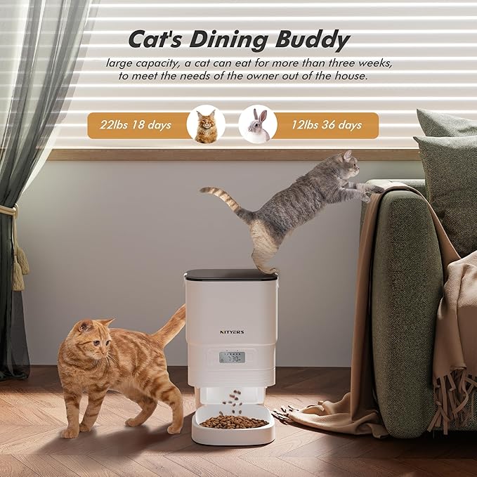 Automatic Cat Feeder -Timed Feeder for Dry Food, Easy Control to Programmable, Pet Feeder with Battery/Power Supply, Cat Food Dispenser, 1-6 Meals Per Day, Non-slip bottom, Lid with locked
