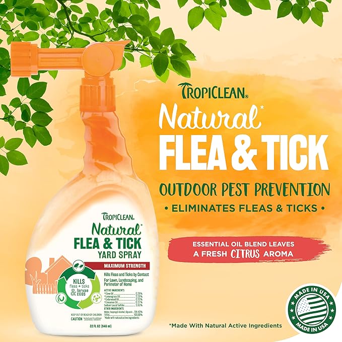 TropiClean Natural Flea and Tick Yard Spray | Maximum Strength Tick Spray for Yard Kills on Contact | Family-Friendly & Safe | Made in the USA | 32oz