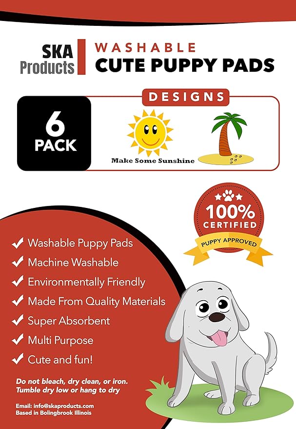 Cute Washable Puppy Pee Pads | 6 Pack Sun, Palm Tree Designs | Large Super Absorbent Wee Wee Potty Mats | Dog Housebreaking, Pet Crate Training | Multi-Purpose Reusable Eco-Friendly | Whelping