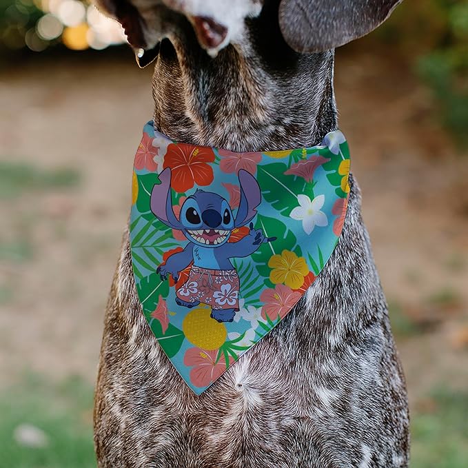Disney Pet Bandana Lilo and Stitch Stitch Hang Loose Pose Floral Collage Blue Slip On Collar Bandana Only