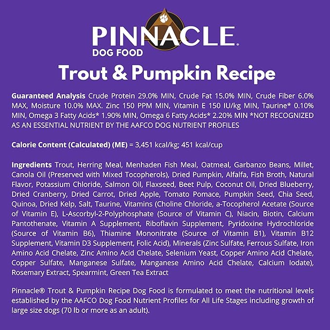 pinnacle pet Trout & Pumpkin Dry Dog Food 22 lb, Infused with Broth
