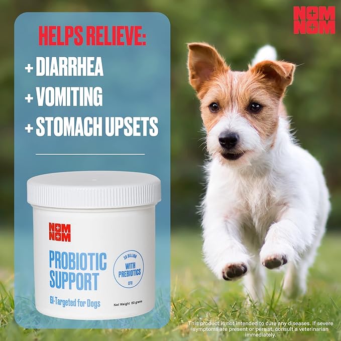 Nom Nom Dog GI-Targeted Probiotic Support - with Prebiotic Fiber, Inulin, and Saccharomyces boulardii - Gut Health Dog Probiotics for Gastrointestinal and Stomach Relief (GI Powder)