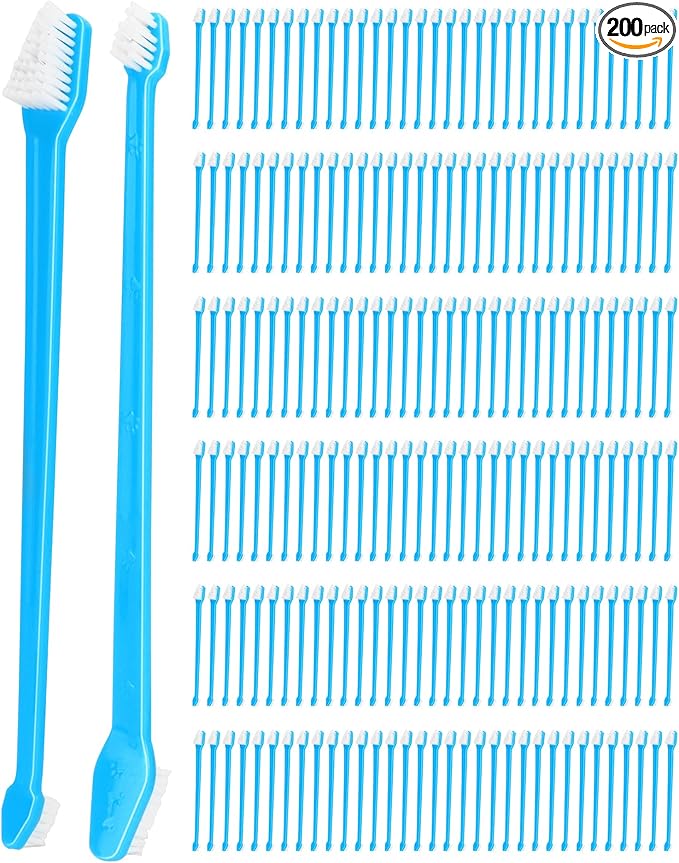QWORK Double-Headed Pet Toothbrushes for Dogs and Cats, 8.66" Length, Soft Nylon Bristles, Blue, Dental Care Cleaning Kit for Pets, 200 Pcs