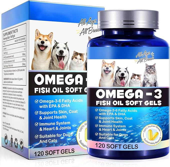 Omega-3 Fish Oil for Dogs, Omega 3 Fish Oil with EPA & DHA Supports Dogs Seasonal Allergies Relief, Boosts Immune Function, Itch Skin Relief & Promote Coat Health, Pet Supplements - 120 Soft Gels