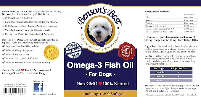 Benson's Best Omega 3 Fish Oil for Dogs - Provides 43% More Omega 3 Fatty Acids Than Salmon Oil - 200 Softgels 1000 mg - 100% Pure, Non-GMO, Natural Pet Food Dog Fish Oil Supplements