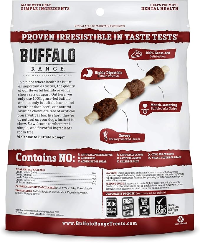 Rawhide Dog Treats | Healthy, Grass-Fed Buffalo Jerky Raw Hide Chews | Hickory Smoked Flavor | Jerky Kabob, 18 Count