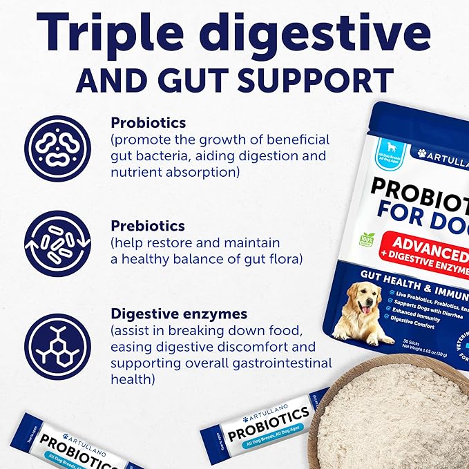 Dog Probiotics with Prebiotics - Balance Yeast, Support Gut Health, Itchy Skin, Allergies - 30 Sticks