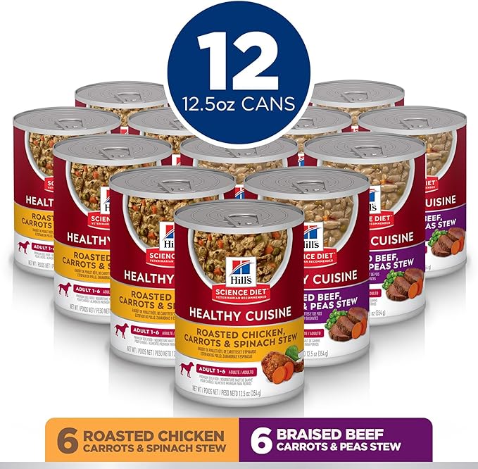 Hill's Science Diet Healthy Cuisine, Adult 1-6, Great Taste, Wet Dog Food, Variety Case: Roasted Chicken, Carrots & Spinach; Braised Beef , Carrots & Peas Stew, 12.5 oz Can Variety Case, Case of 12