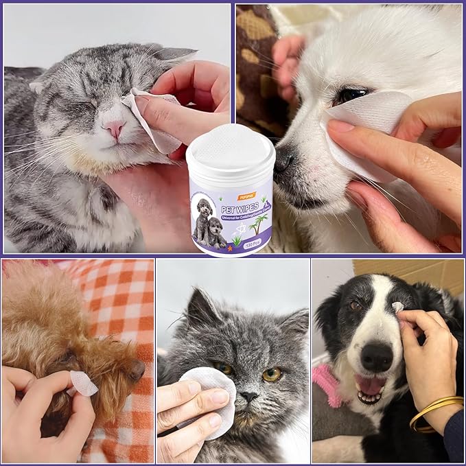 Pet Gentle Eye Wipes, 130 Count Universal Cat & Dog Grooming Wipes, Natural and Safe for Removing Dirt Crust and Discharge, Hypoallergenic for Ear, Body, Paw