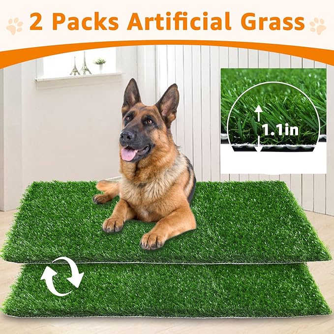 LOOBANI 41in x26.8in Large Dog Grass Porch Potty Tray, 2 Packs Replacement Artificial Grass Puppy Training Pads, Quickly Absorbency Portable Dog Patio Potty for Balcony Apartment Use