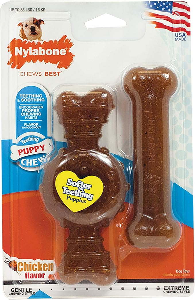 Nylabone Puppy Chew Toy Twin Pack - Puppy Chew Toys for Teething - Puppy Supplies - Chicken Flavor, Medium/Wolf (2 Count)